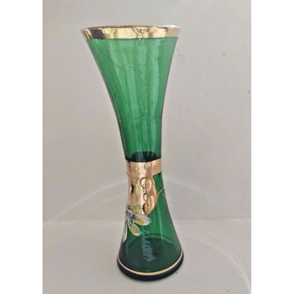 Bohemia Art Glass Vase Hand Blown - Gold Gilded- Enamel Florals 7" Tall - Picture 2 of 11
